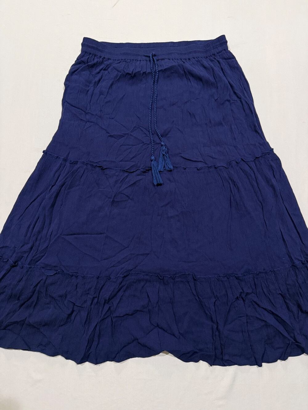 Women’s Boho Tiered Midi Skirt Blue Rayon Blend Elastic Waist Size Large